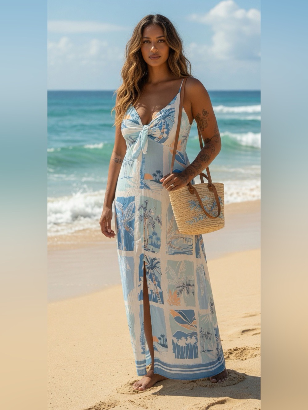 Surf Gypsy Tropical Blue Tie-Front Spaghetti Strap Maxi Dress Large